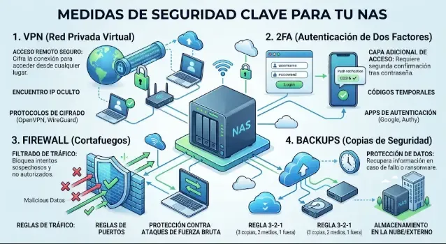 Medidas de seguridad para NAS: VPN, 2FA, firewall y backups