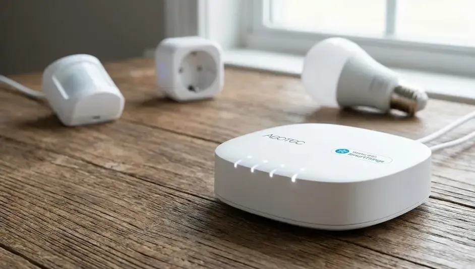 Primer plano del Aeotec Smart Home Hub blanco sobre una mesa de madera, actuando como el cerebro del ecosistema Samsung SmartThings