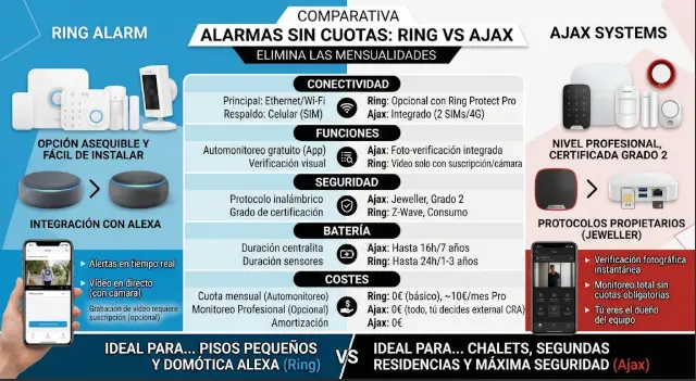 Ring Alarm vs Ajax 2026: ¿alarma sin cuotas antiokupación?