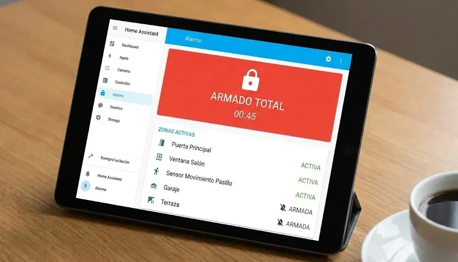 Interfaz de Alarmo en Home Assistant mostrando panel de seguridad armado y zonas activas