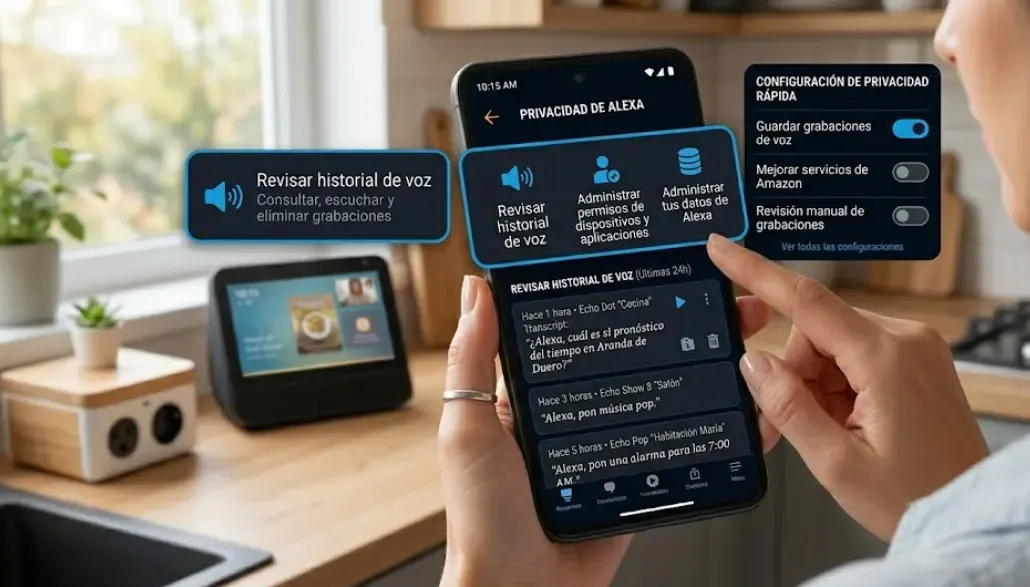 Revisión del historial de voz y configuración de privacidad en la app de Alexa