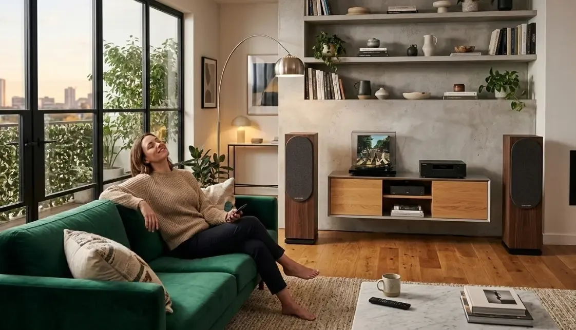 Salón moderno y elegante con un par de altavoces inteligentes de alta fidelidad flanqueando un mueble de diseño, mientras una persona disfruta de la música desde el sofá.
