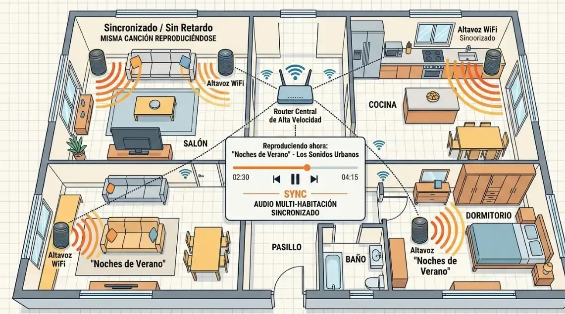 Plano conceptual mostrando la misma canción reproduciéndose simultáneamente y sin retardo en tres habitaciones diferentes (salón, cocina, dormitorio) mediante altavoces WiFi.
