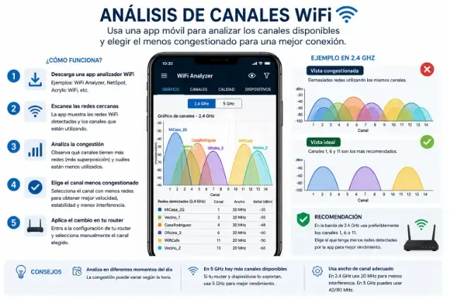 Análisis de canales WiFi con app móvil para elegir el menos congestionado
