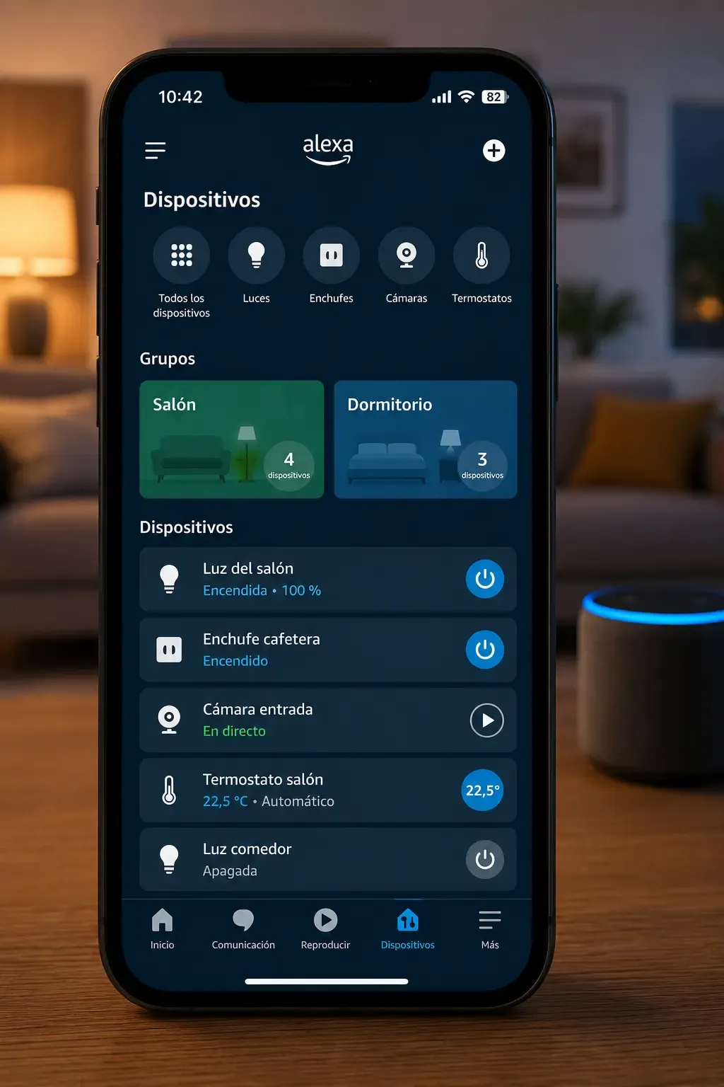 App de Alexa mostrando dispositivos conectados en una casa inteligente