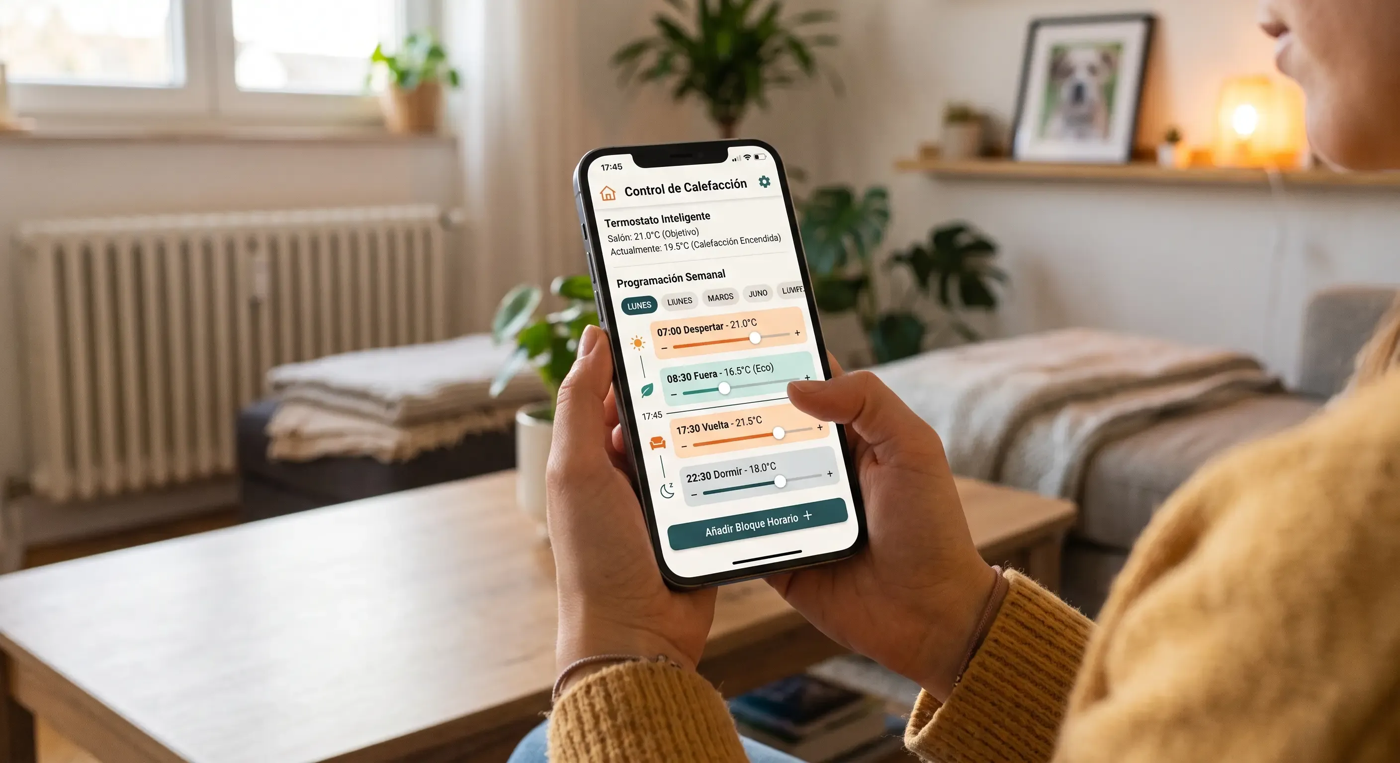 App móvil de control de calefacción con termostato inteligente: interfaz para programar horarios y temperaturas