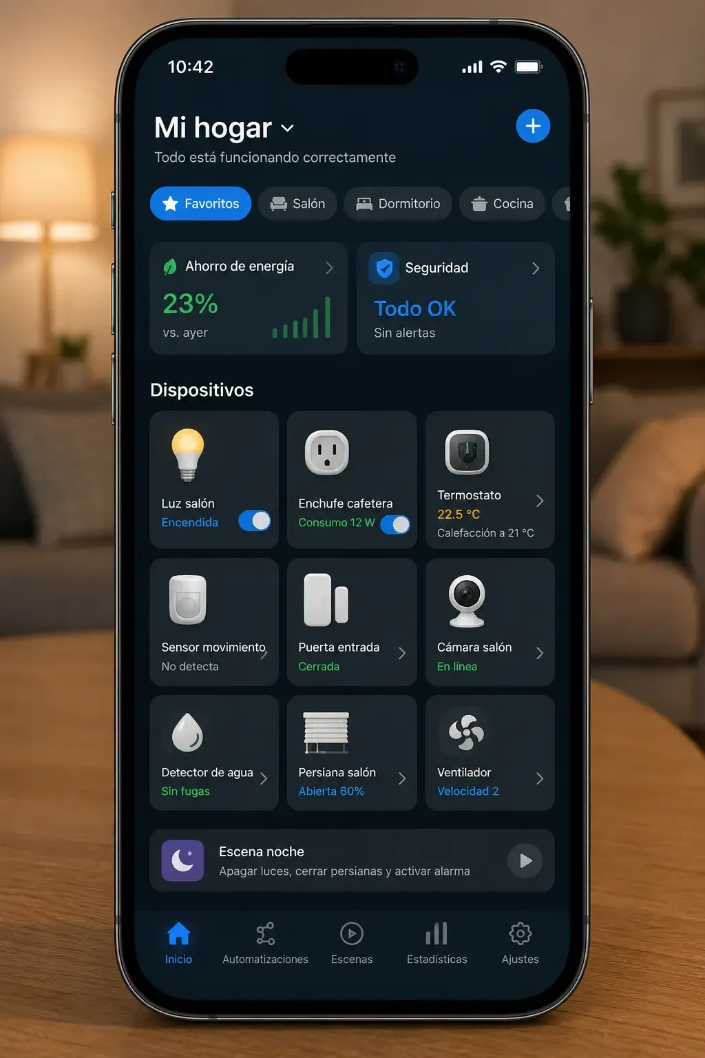 App de domótica mostrando varios dispositivos conectados al ecosistema del hogar