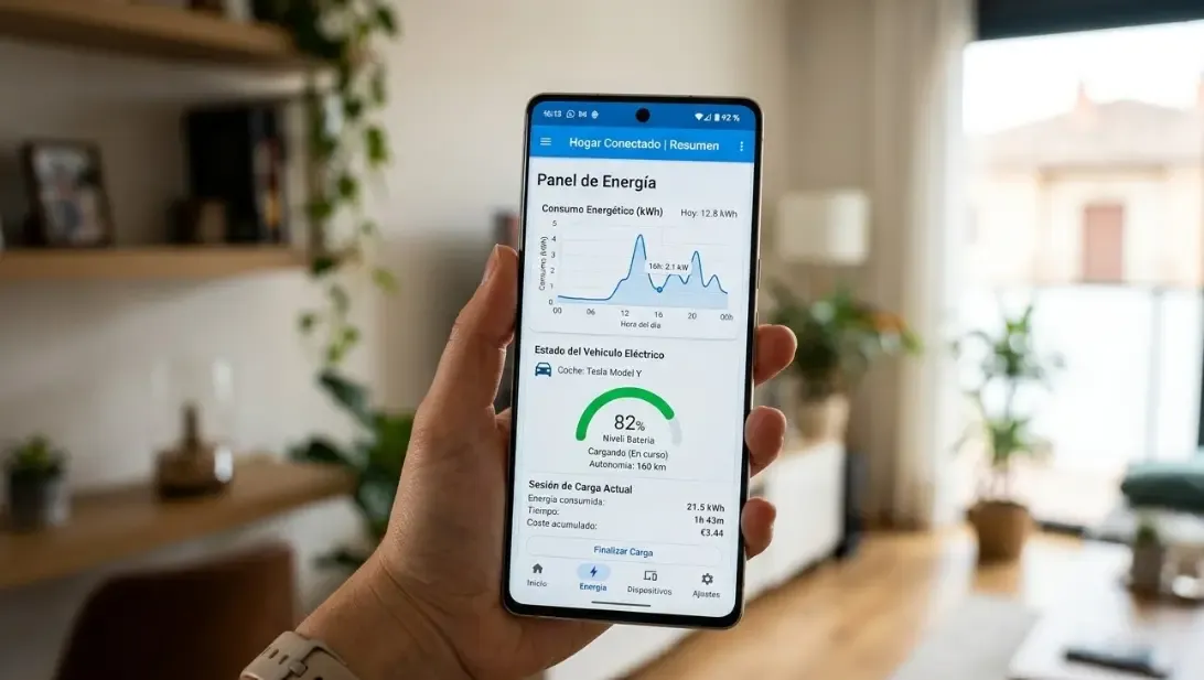 Pantalla de un teléfono móvil mostrando la interfaz de una aplicación domótica con gráficos de consumo energético, nivel de batería del coche y coste de la sesión de carga.