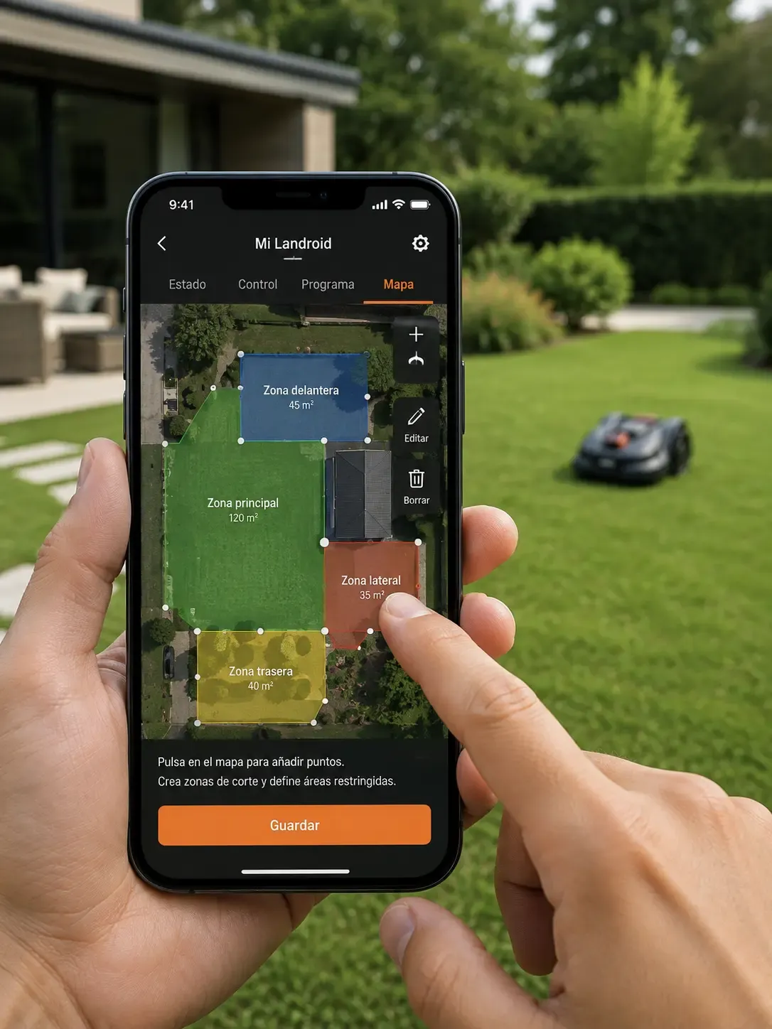 app móvil configurando zonas de corte de un robot cortacésped sin cable
