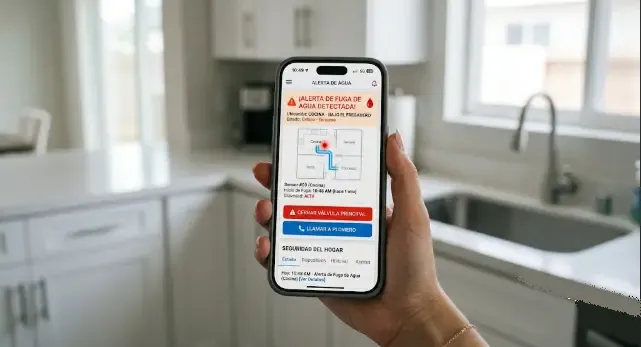 App móvil mostrando notificación de alerta de fuga de agua