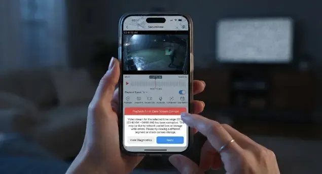 App móvil mostrando la reproducción de grabaciones de una cámara de seguridad