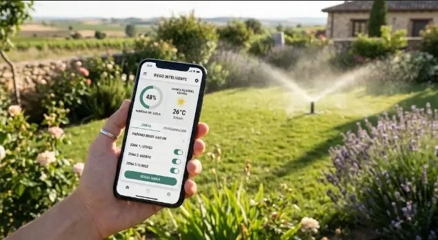 Aplicación móvil de riego inteligente controlando zonas desde el smartphone
