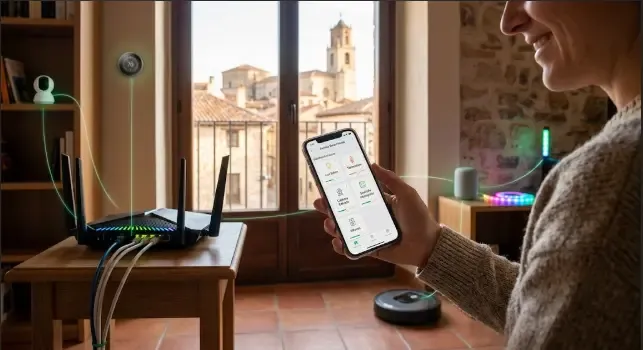 Pantalla de app de router mostrando dispositivos IoT conectados y gestión de red