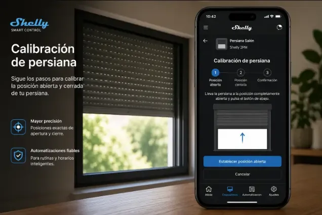 App Shelly Smart Control mostrando la calibración de una persiana en formato horizontal