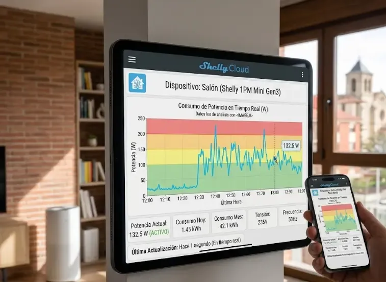 Captura de pantalla de la app Shelly Cloud mostrando el gráfico de consumo en tiempo real del Shelly 1PM Mini Gen3