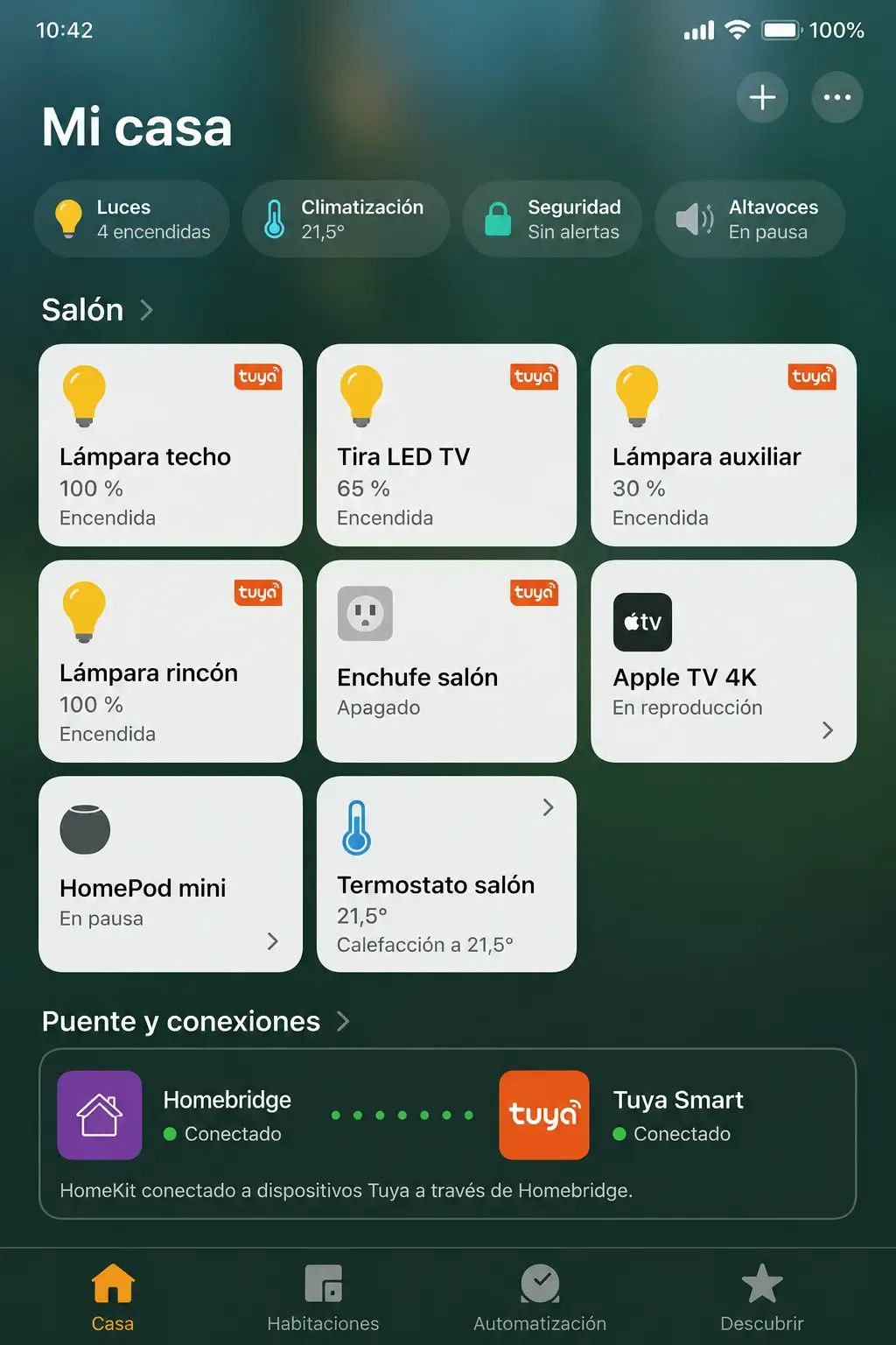 Dispositivo Apple HomeKit conectado mediante Homebridge a bombillas Tuya