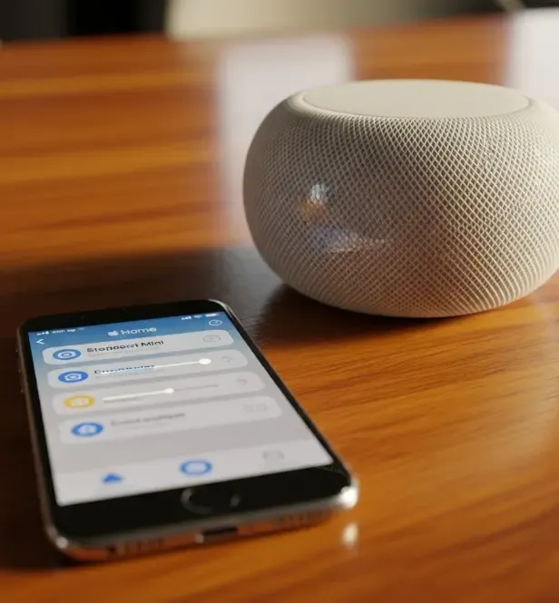 Un HomePod Mini blanco de Apple sobre una mesa de madera junto a un iPhone mostrando la aplicación Casa