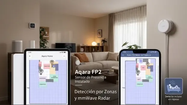 Sensor mmWave Aqara FP2 instalado en una esquina para detectar presencia en Home Assistant