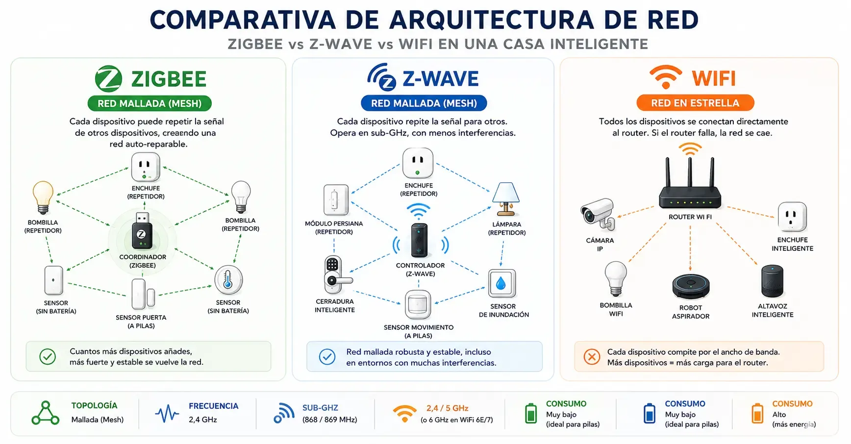 Comparativa visual de arquitectura de red Zigbee, Z-Wave y WiFi en una casa inteligente