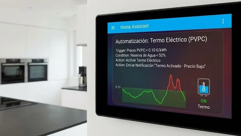 Interfaz de Home Assistant mostrando automatización de termo eléctrico según precio PVPC