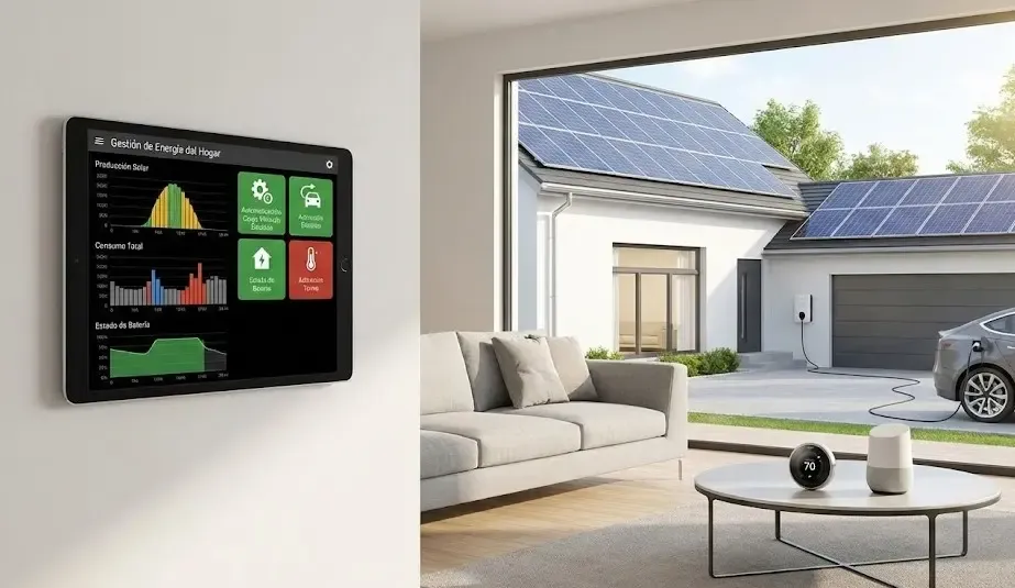 Casa inteligente con paneles solares y gestión de energía automatizada en tablet