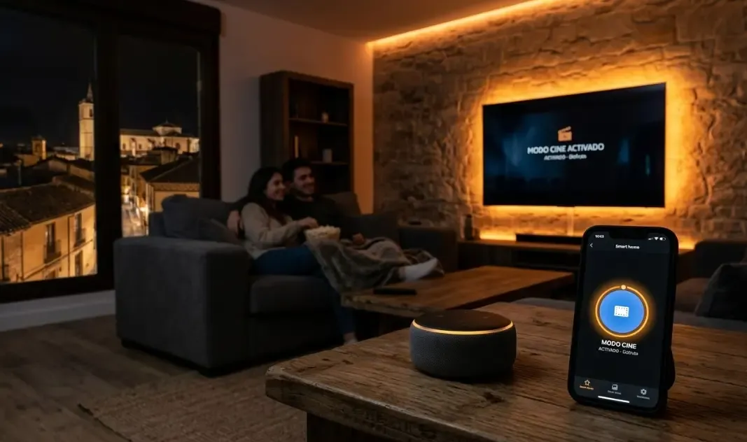 Salón moderno en penumbra transformándose en modo cine. Luces LED ámbar detrás del televisor, un altavoz inteligente en primer plano y un smartphone con el botón 'Modo Cine' pulsado.