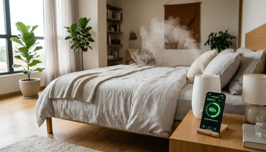 Dormitorio moderno con un humidificador de diseño minimalista expulsando vapor suave, mientras un smartphone muestra un gráfico domótico con el nivel de humedad anclado en un perfecto 50%.