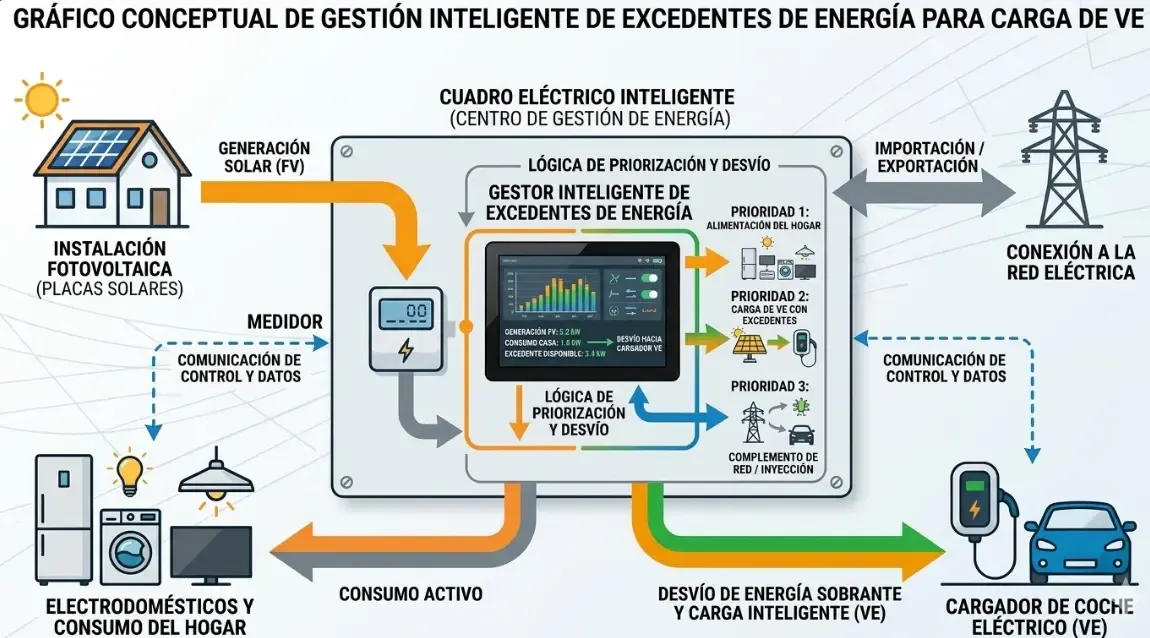 Gráfico conceptual mostrando un medidor de consumo en el cuadro eléctrico desviando la energía sobrante de los electrodomésticos y placas solares hacia un cargador de coche eléctrico.