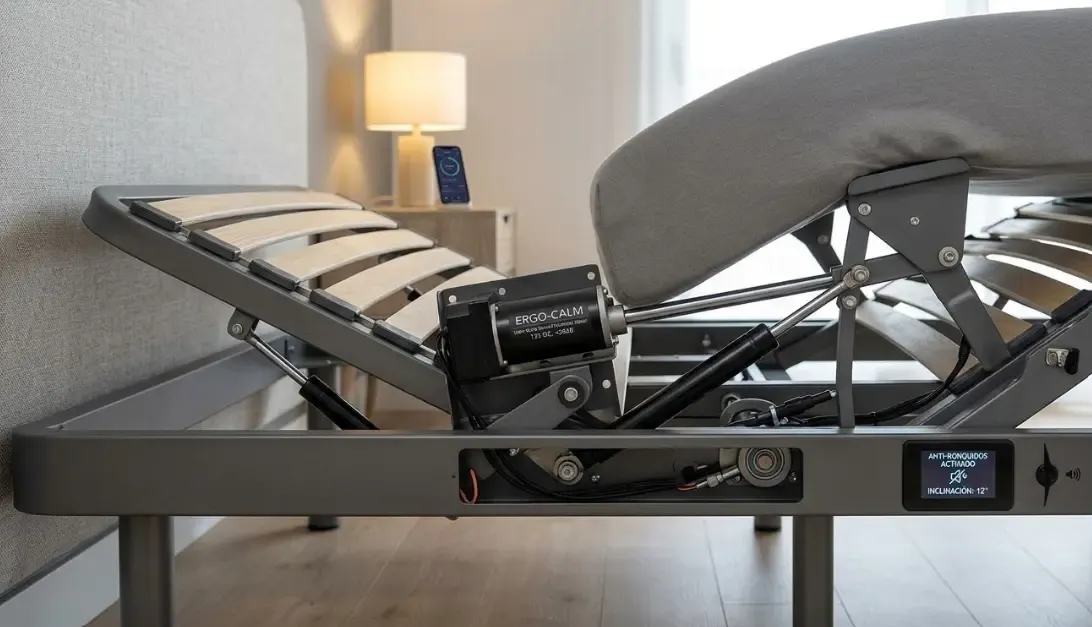 Detalle técnico de una base de cama articulada inteligente inclinándose suavemente en la zona del cabecero para evitar ronquidos, accionada por un motor silencioso.