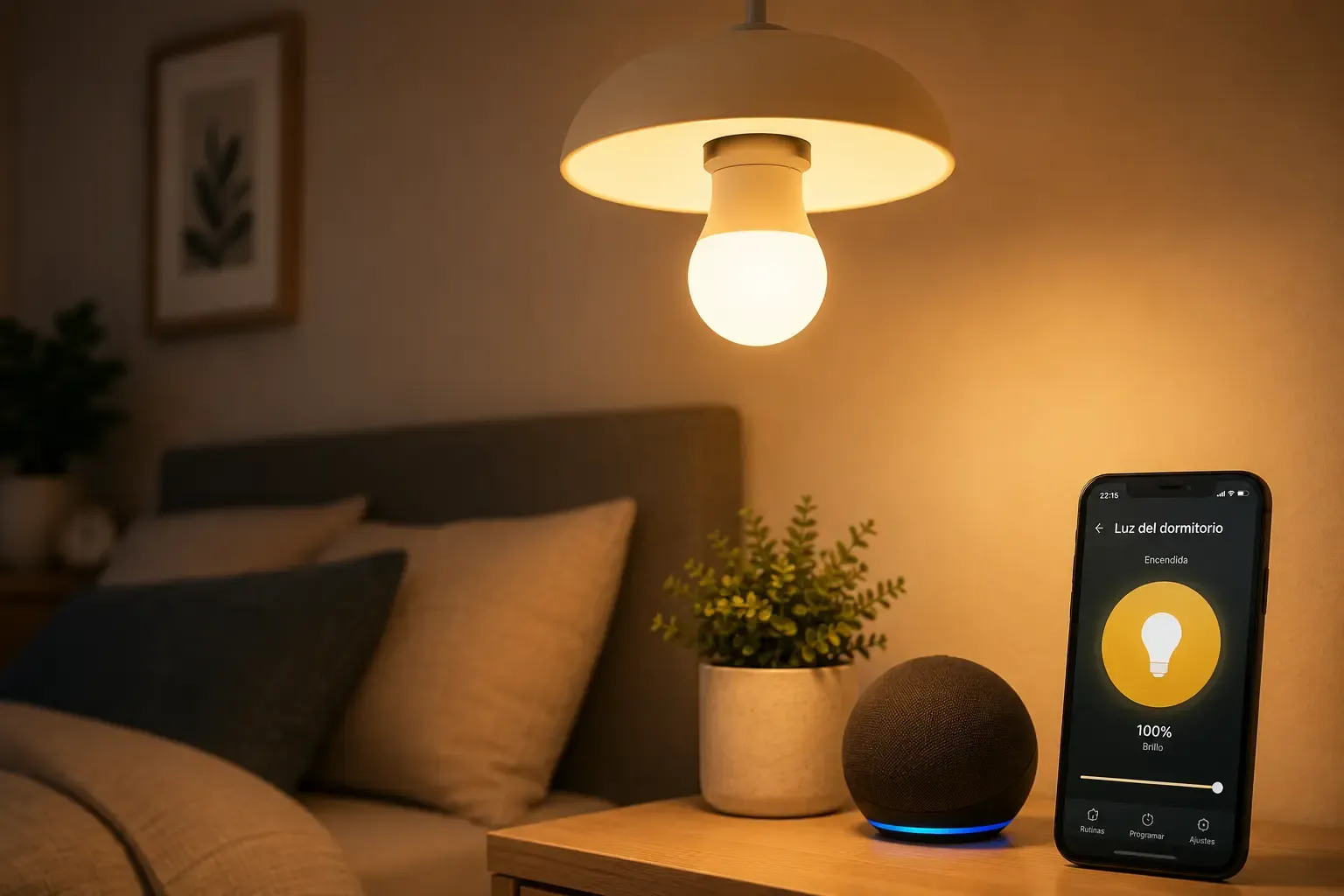 Bombilla inteligente Wi‑Fi encendida en un dormitorio con luz cálida