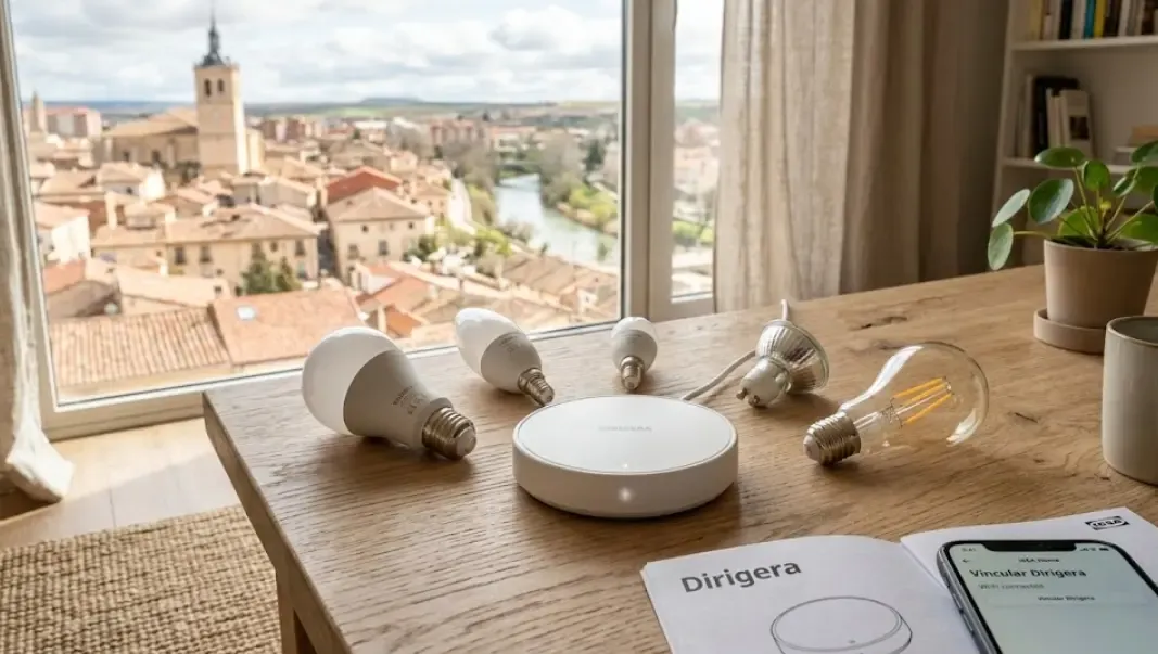 El nuevo hub inteligente Dirigera de Ikea de diseño plano y circular, junto a varias bombillas de la serie TRÅDFRI sobre una mesa de madera nórdica.