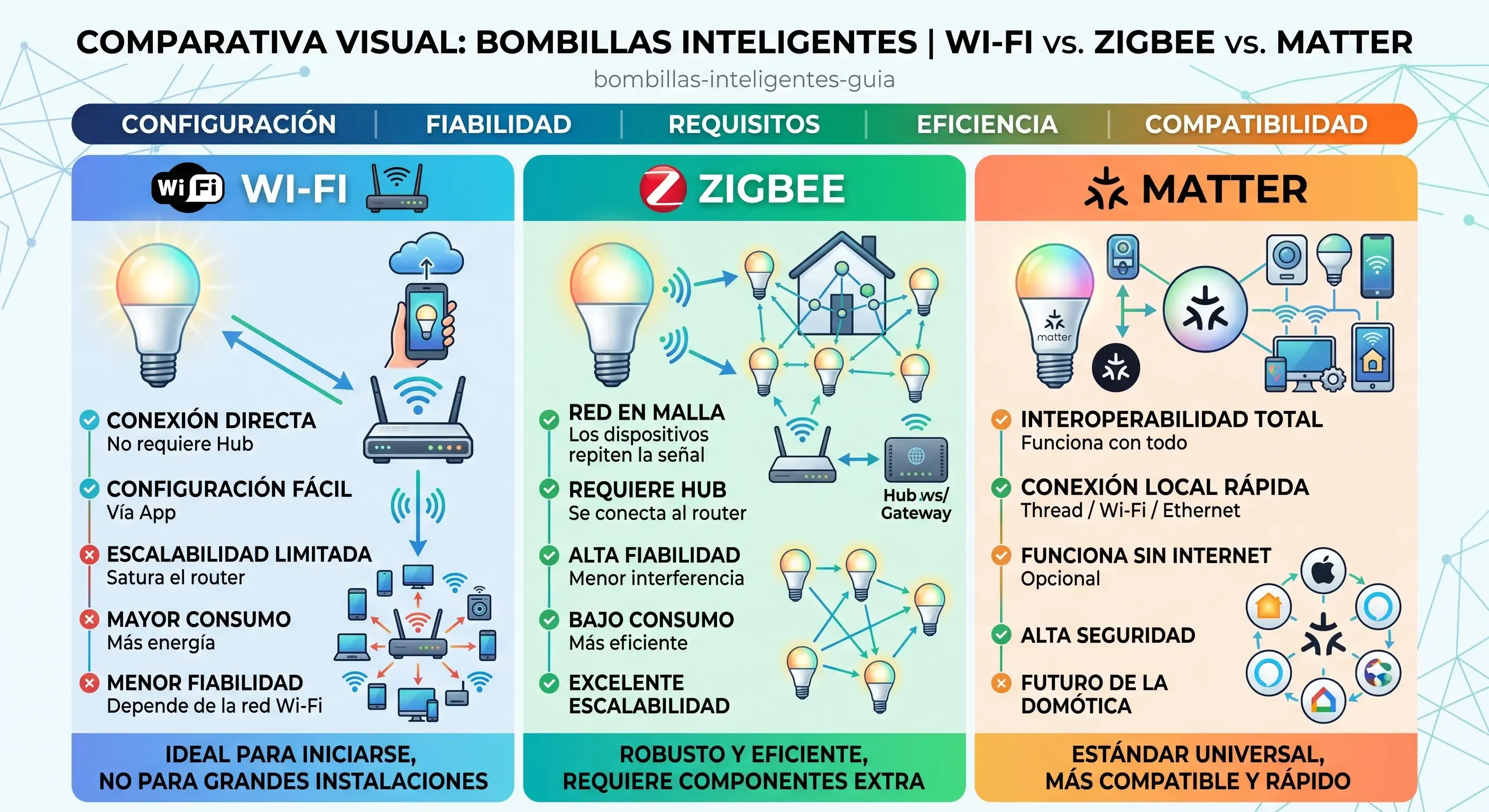 Comparativa visual entre bombillas inteligentes Wi-Fi, Zigbee y Matter