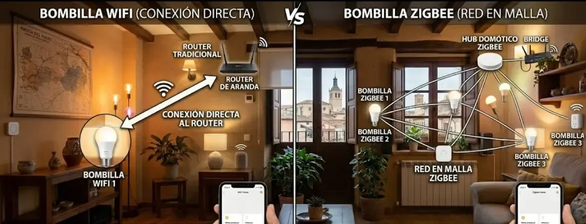 Comparativa visual entre una bombilla WiFi conectada directamente a un router tradicional y una bombilla Zigbee conectada a un hub domótico formando una red en malla.