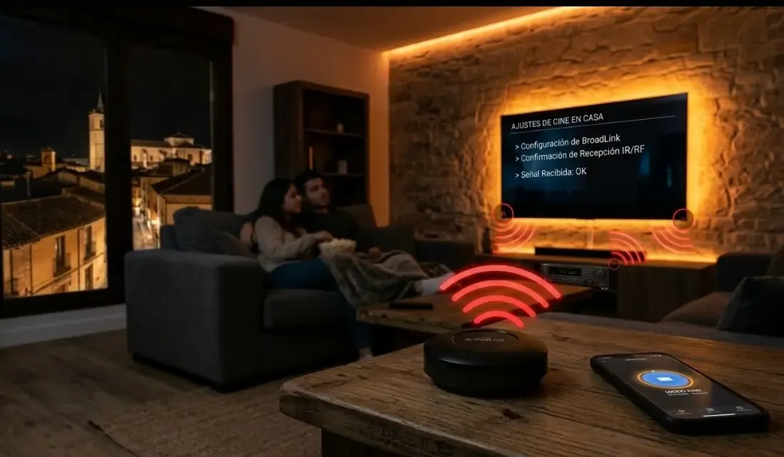 Detalle técnico de un dispositivo Broadlink negro emitiendo ondas rojas conceptuales hacia un antiguo receptor de audio AV y un televisor moderno.