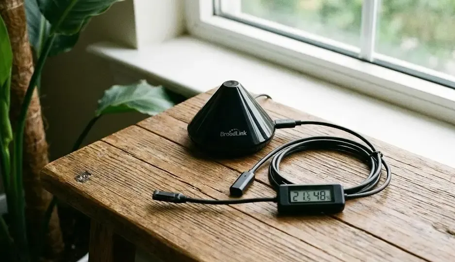 Broadlink RM4 Mini junto a su cable HTS2 con sensor de temperatura y humedad