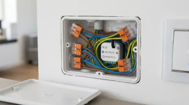 Caja de registro con conectores WAGO y relé domótico Caja de registro doméstica organizada con conectores WAGO y relé domótico instalado