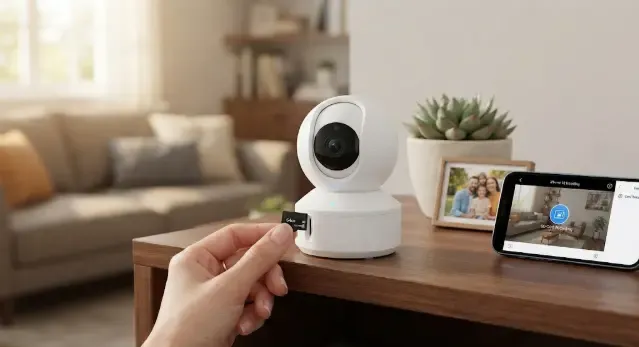 Cámara de seguridad wifi interior vigilando una habitación