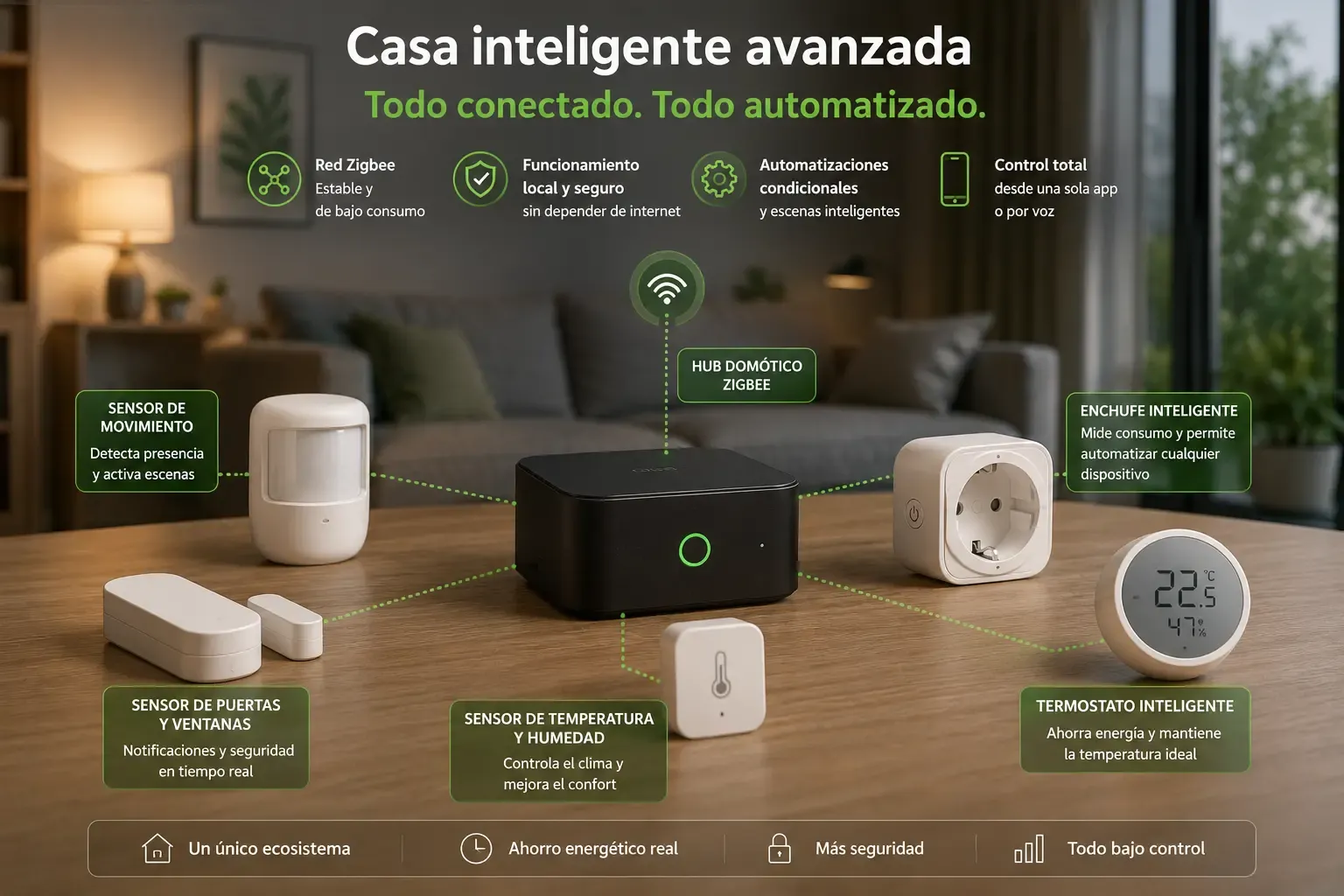 hub domótico zigbee con sensores para casa inteligente avanzada