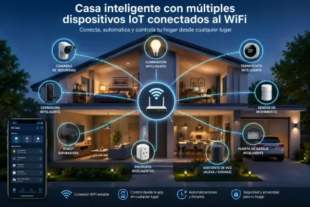 Casa inteligente con múltiples dispositivos IoT conectados al WiFi
