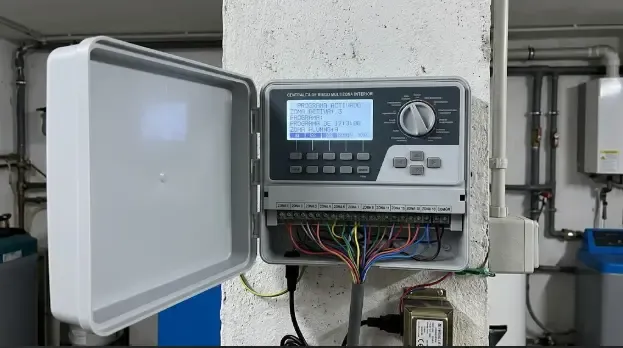 Centralita de riego multizona instalada en interior para controlar electroválvulas