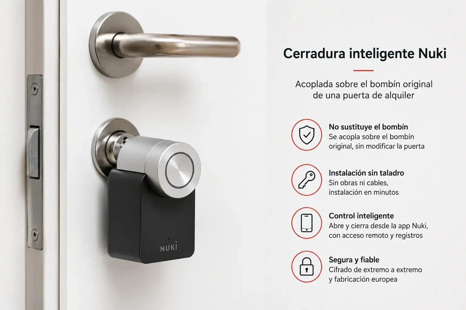 Cerradura inteligente Nuki acoplada sobre el bombín original de una puerta de alquiler