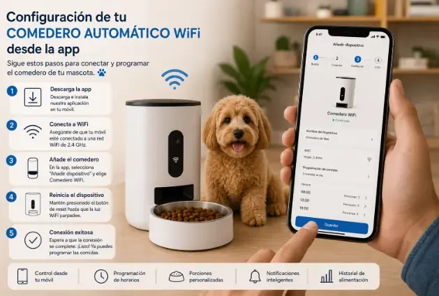 Configuración de un comedero automático WiFi para mascotas desde la aplicación móvil