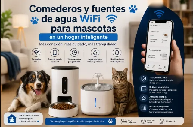 Comederos y fuentes de agua WiFi para mascotas en un hogar inteligente