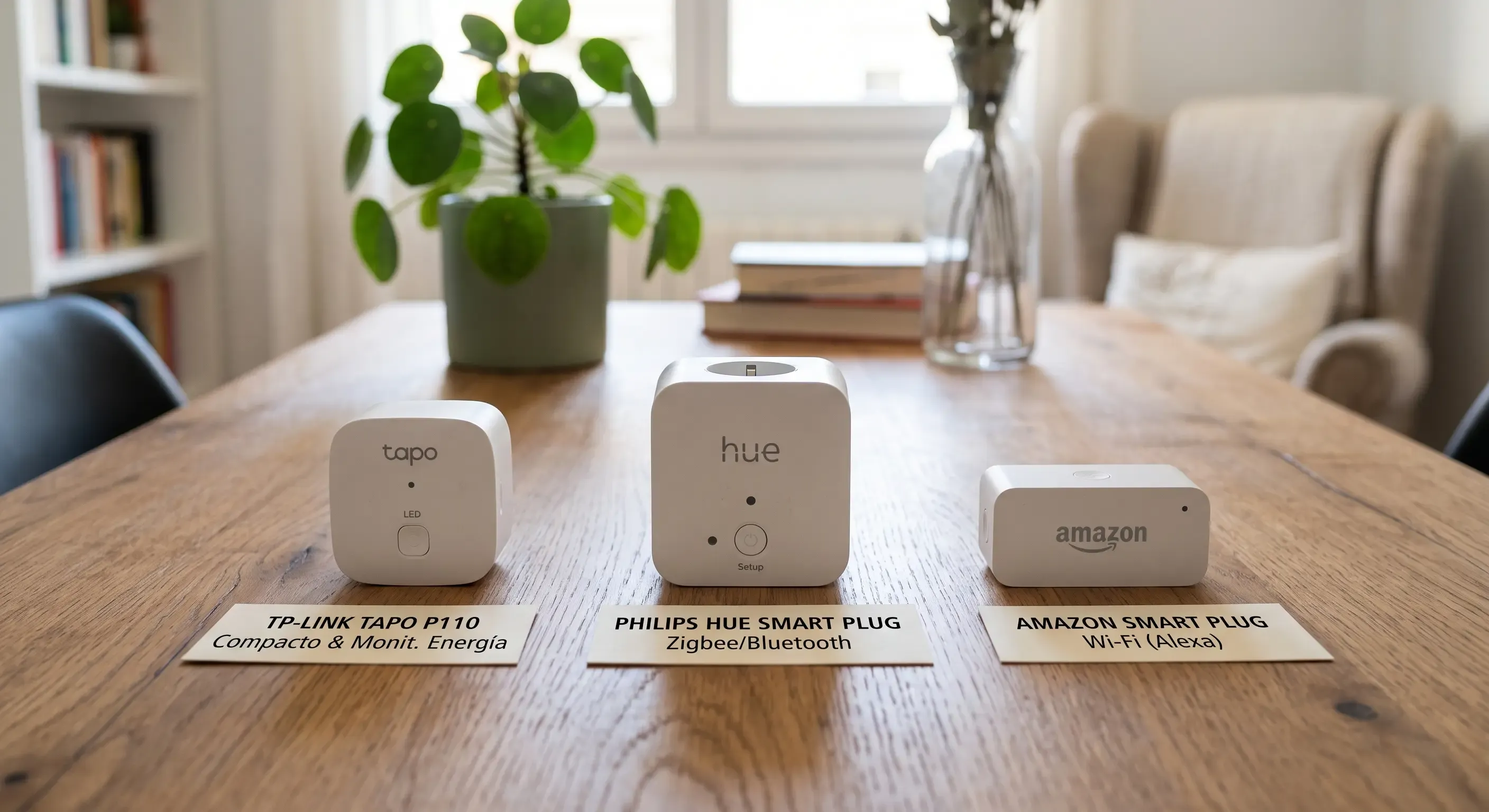 Comparativa visual de tres modelos de enchufes inteligentes sobre una mesa