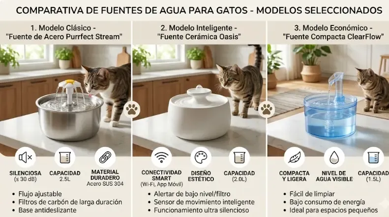 Comparativa de diferentes modelos de fuentes de agua para gatos