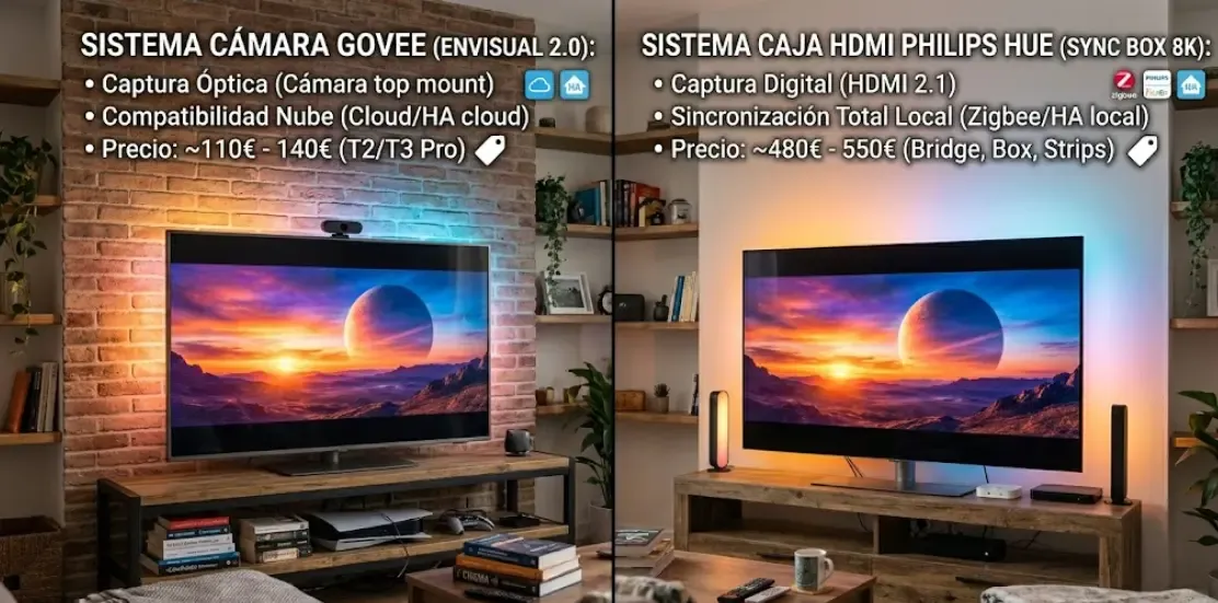 Comparativa visual entre sistema de cámara Govee y caja HDMI de Philips Hue en un salón real