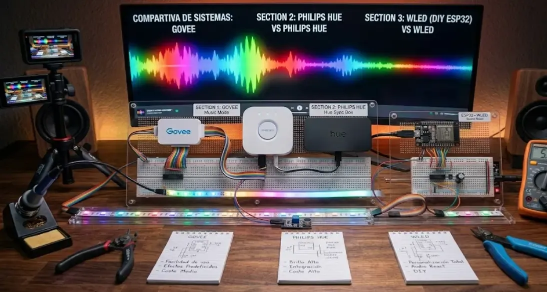 Comparativa visual de setups: Govee vs Philips Hue vs WLED