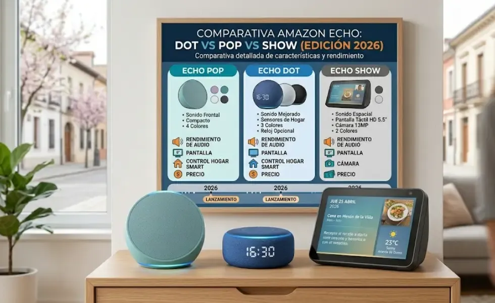 comparativa Amazon Echo Dot vs Pop vs Show 2026
