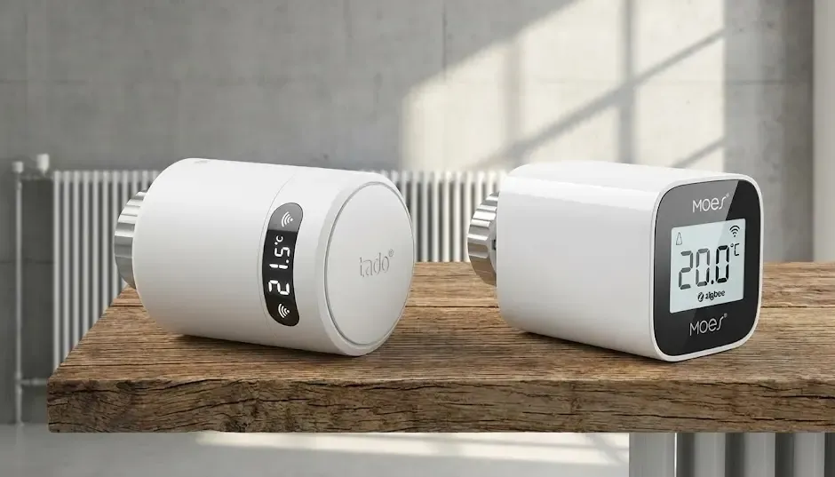 Comparación visual entre cabezal Tado V3 y cabezal Moes Tuya Zigbee