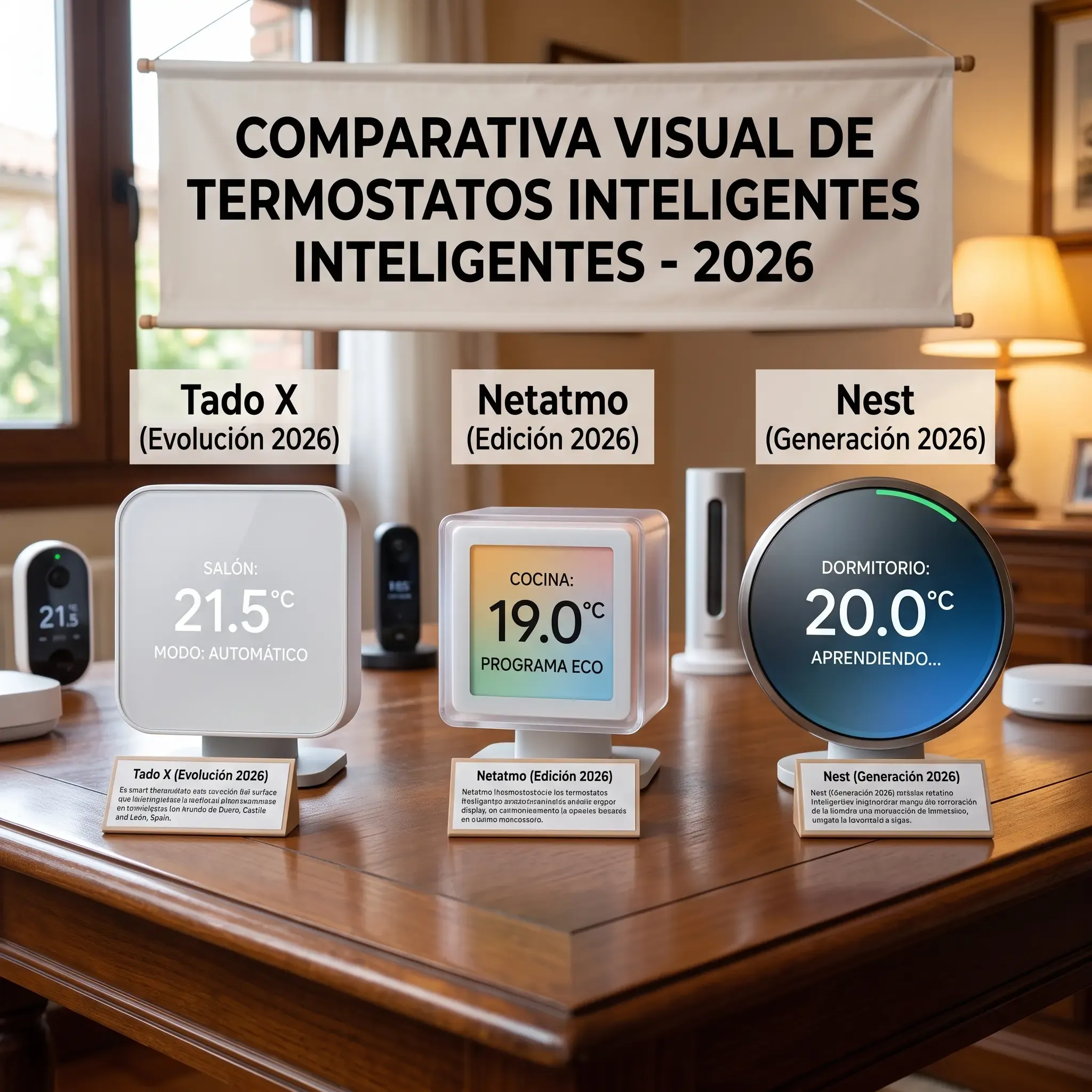 Comparativa visual de termostatos inteligentes 2026 sobre mesa: Tado X, Netatmo y Nest